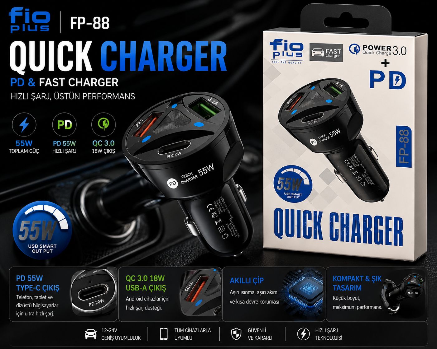 55W PD & QC 3.0 Çift Çıkışlı Araç Şarj Adaptörü
