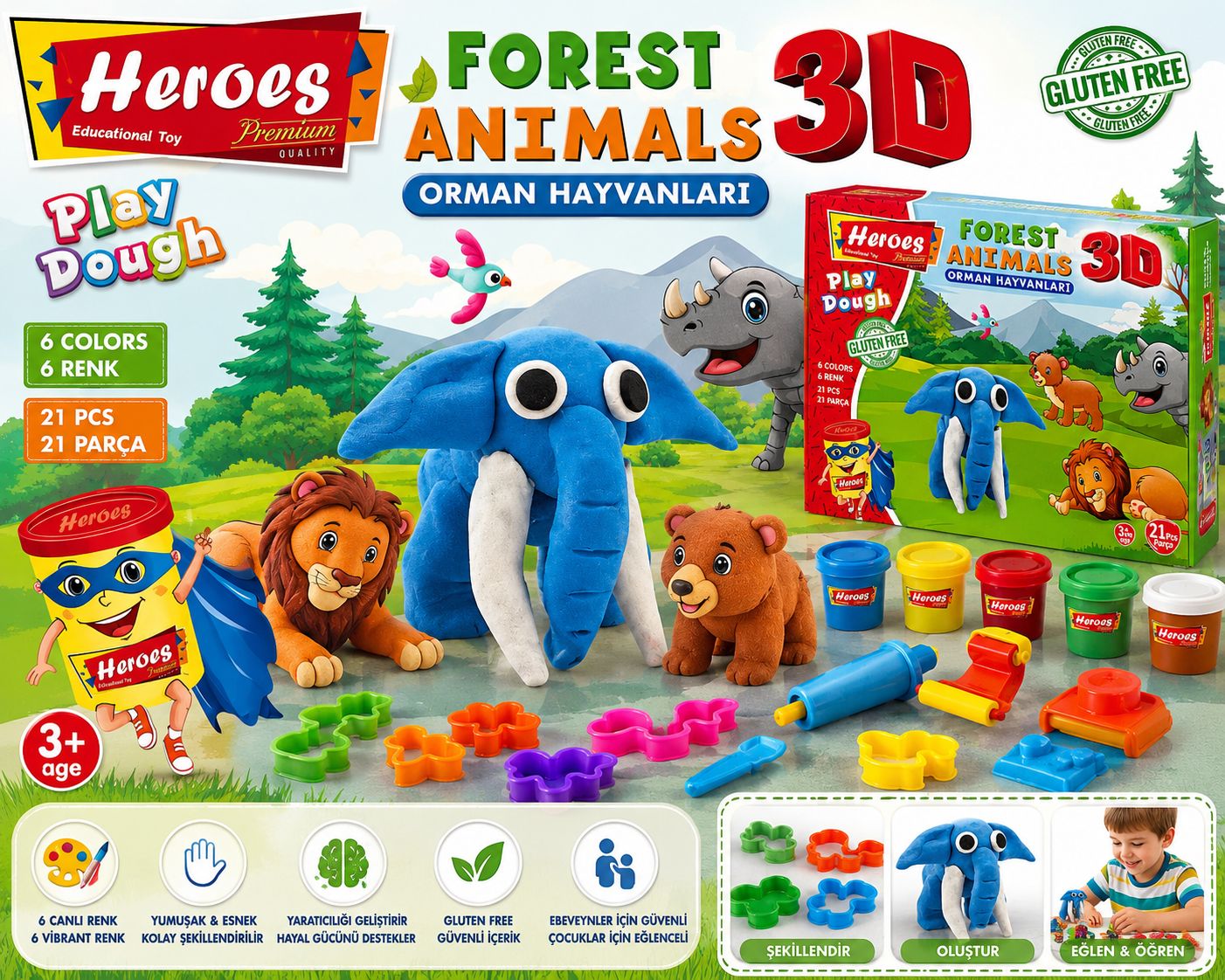 21 Parça  3D Orman Hayvanları Oyun Hamuru Seti